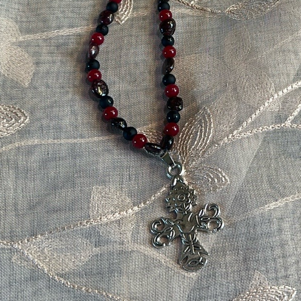 Dove Cross Necklace (garnet, red jade and black matte Tibetan gemstone)